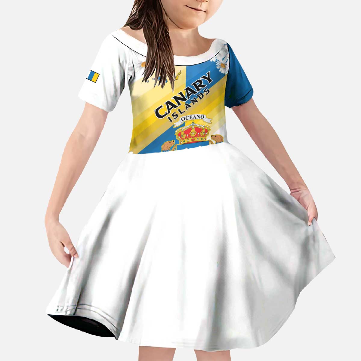 Personalized Islas Canarias Family Matching Off The Shoulder Long Sleeve Dress and Hawaiian Shirt Coat Of Arms With Argyranthemum Frutescens