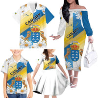 Personalized Islas Canarias Family Matching Off The Shoulder Long Sleeve Dress and Hawaiian Shirt Coat Of Arms With Argyranthemum Frutescens