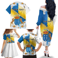 Personalized Islas Canarias Family Matching Off The Shoulder Long Sleeve Dress and Hawaiian Shirt Coat Of Arms With Argyranthemum Frutescens