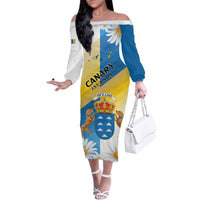 Personalized Islas Canarias Family Matching Off The Shoulder Long Sleeve Dress and Hawaiian Shirt Coat Of Arms With Argyranthemum Frutescens