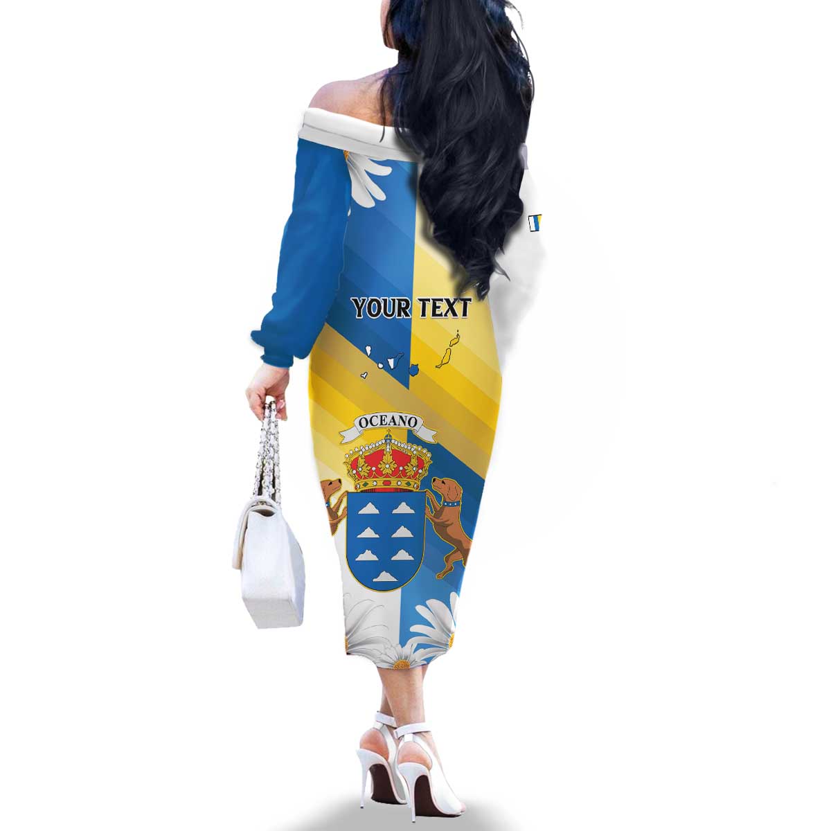 Personalized Islas Canarias Family Matching Off The Shoulder Long Sleeve Dress and Hawaiian Shirt Coat Of Arms With Argyranthemum Frutescens