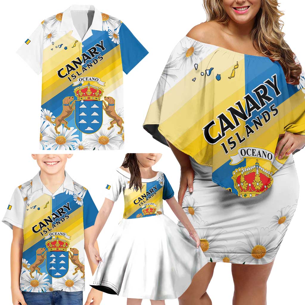 Personalized Islas Canarias Family Matching Off Shoulder Short Dress and Hawaiian Shirt Coat Of Arms With Argyranthemum Frutescens
