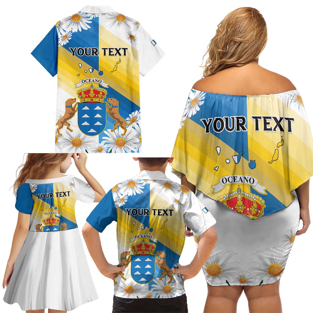 Personalized Islas Canarias Family Matching Off Shoulder Short Dress and Hawaiian Shirt Coat Of Arms With Argyranthemum Frutescens