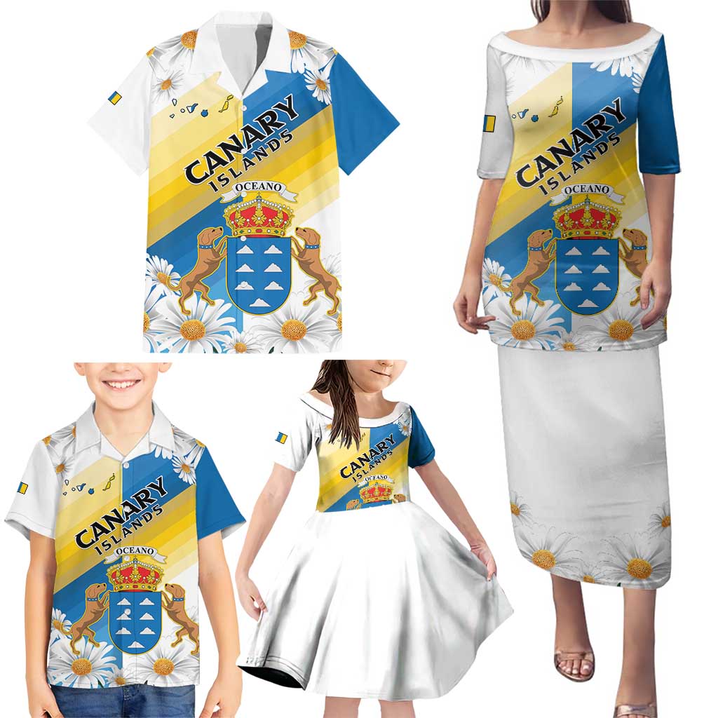 Personalized Islas Canarias Family Matching Puletasi and Hawaiian Shirt Coat Of Arms With Argyranthemum Frutescens