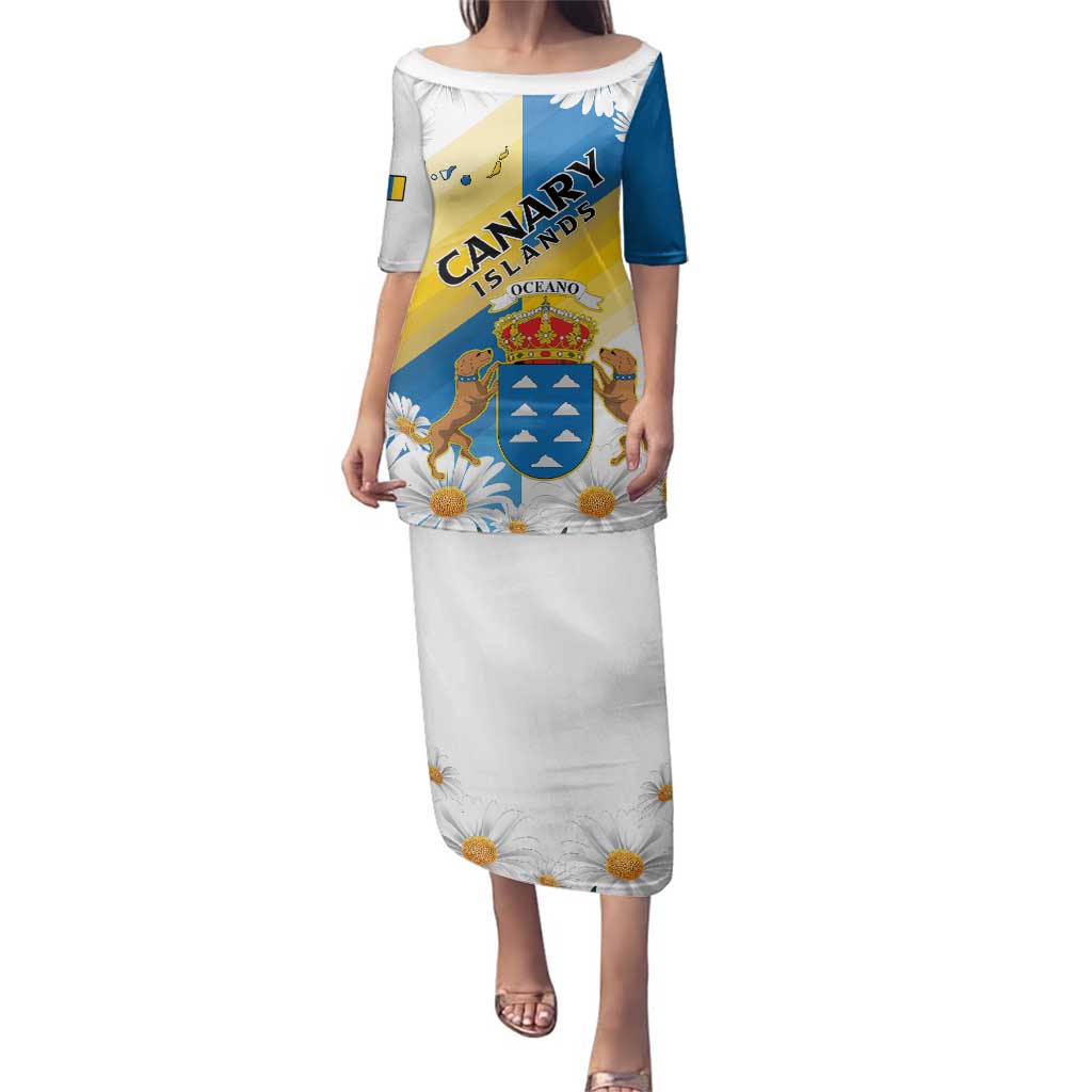 Personalized Islas Canarias Family Matching Puletasi and Hawaiian Shirt Coat Of Arms With Argyranthemum Frutescens