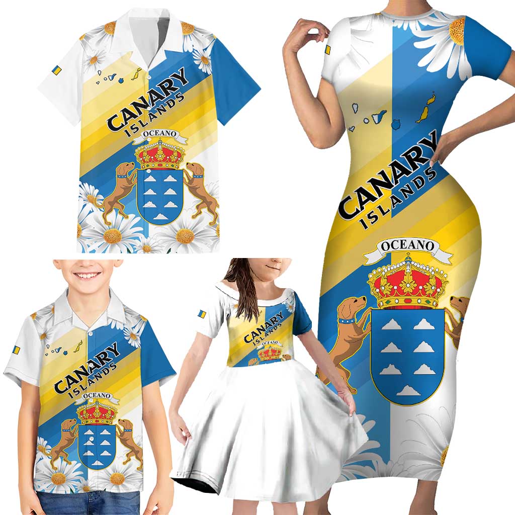Personalized Islas Canarias Family Matching Short Sleeve Bodycon Dress and Hawaiian Shirt Coat Of Arms With Argyranthemum Frutescens