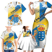 Personalized Islas Canarias Family Matching Short Sleeve Bodycon Dress and Hawaiian Shirt Coat Of Arms With Argyranthemum Frutescens