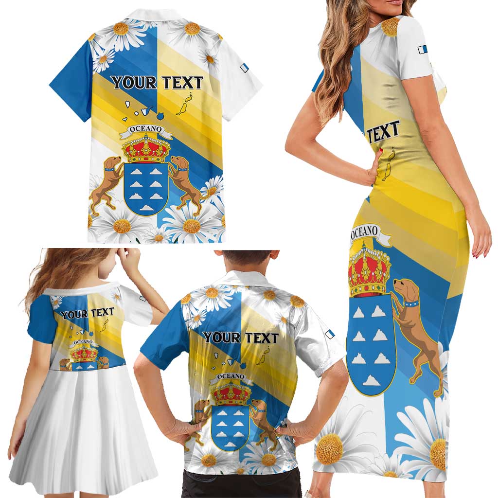 Personalized Islas Canarias Family Matching Short Sleeve Bodycon Dress and Hawaiian Shirt Coat Of Arms With Argyranthemum Frutescens