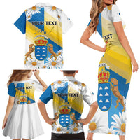 Personalized Islas Canarias Family Matching Short Sleeve Bodycon Dress and Hawaiian Shirt Coat Of Arms With Argyranthemum Frutescens
