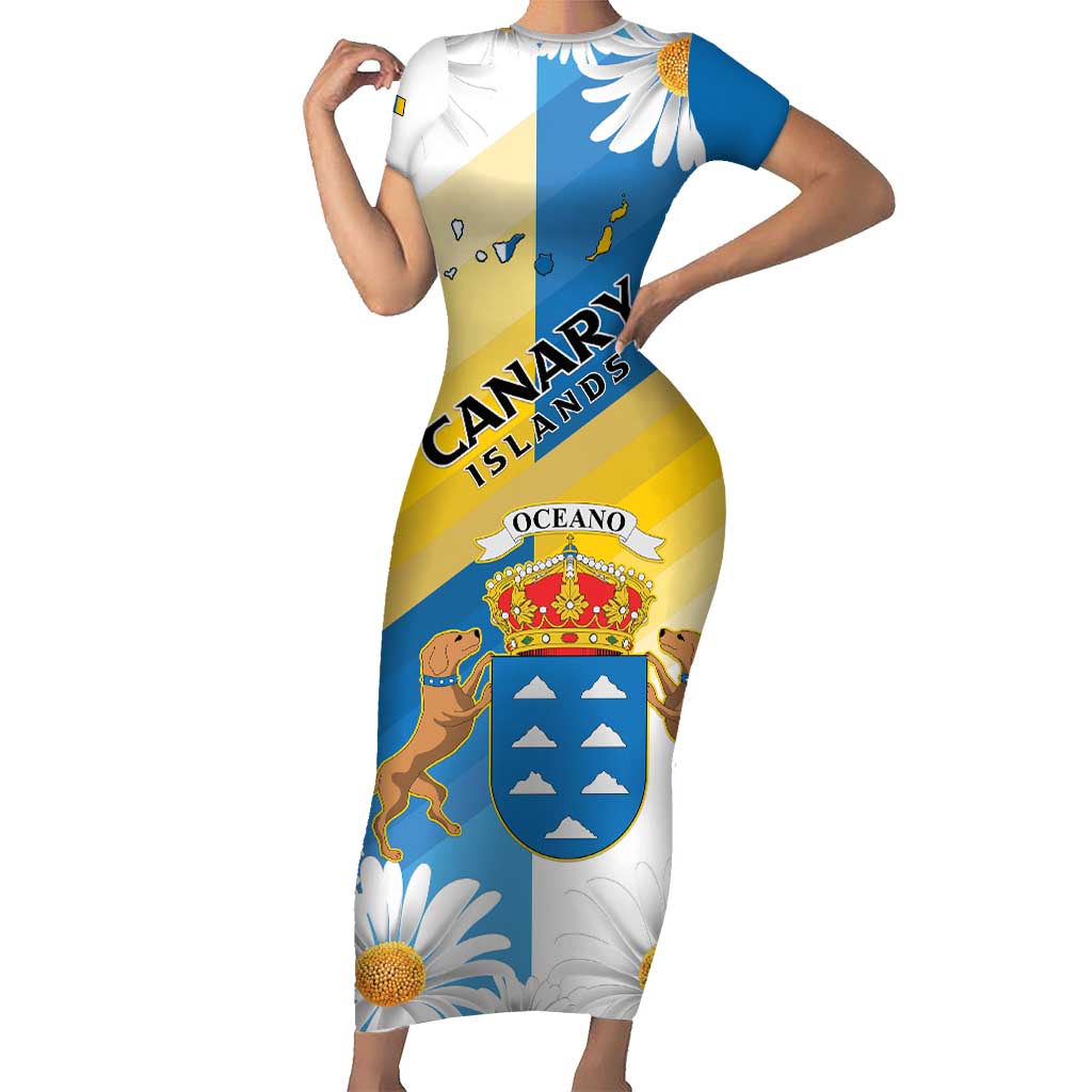 Personalized Islas Canarias Family Matching Short Sleeve Bodycon Dress and Hawaiian Shirt Coat Of Arms With Argyranthemum Frutescens