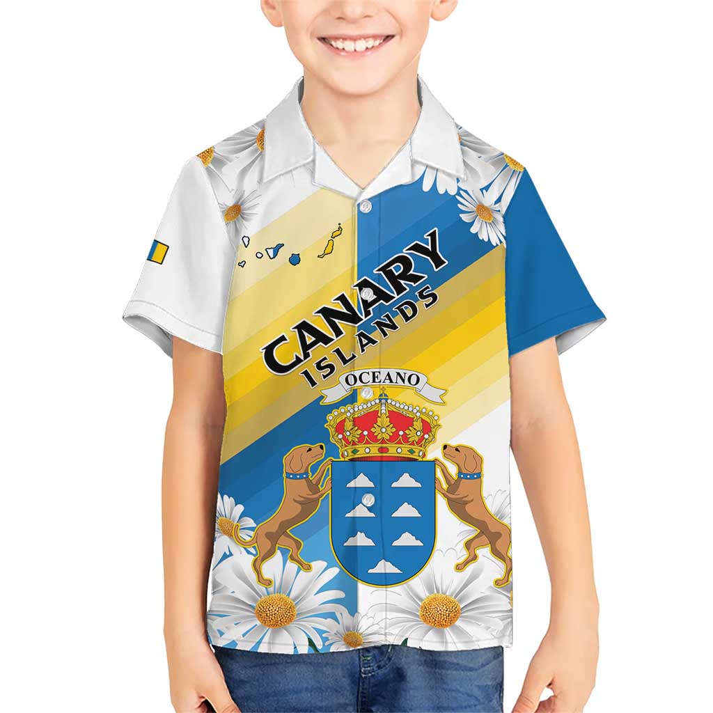 Personalized Islas Canarias Family Matching Short Sleeve Bodycon Dress and Hawaiian Shirt Coat Of Arms With Argyranthemum Frutescens