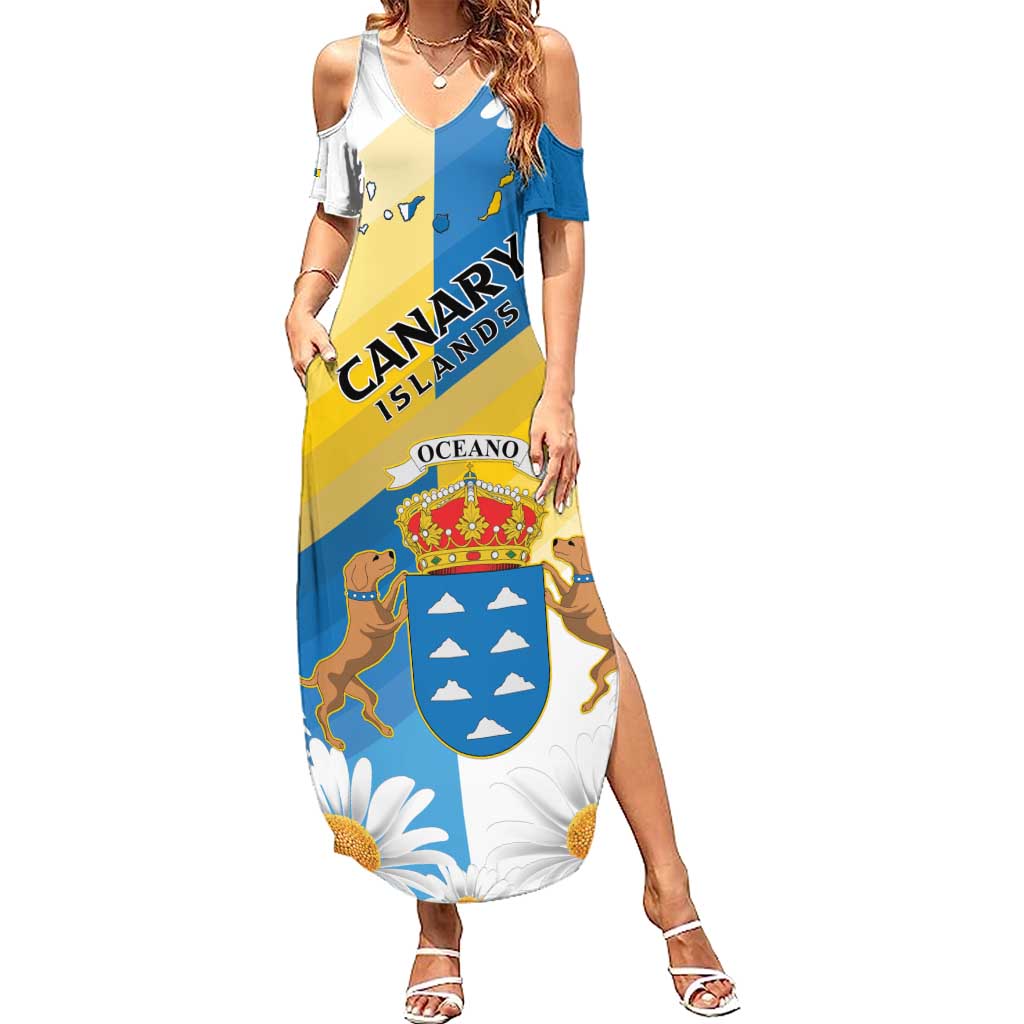 Personalized Islas Canarias Family Matching Summer Maxi Dress and Hawaiian Shirt Coat Of Arms With Argyranthemum Frutescens