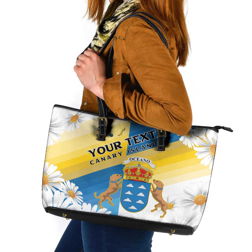Personalized Islas Canarias Leather Tote Bag Coat Of Arms With Argyranthemum Frutescens