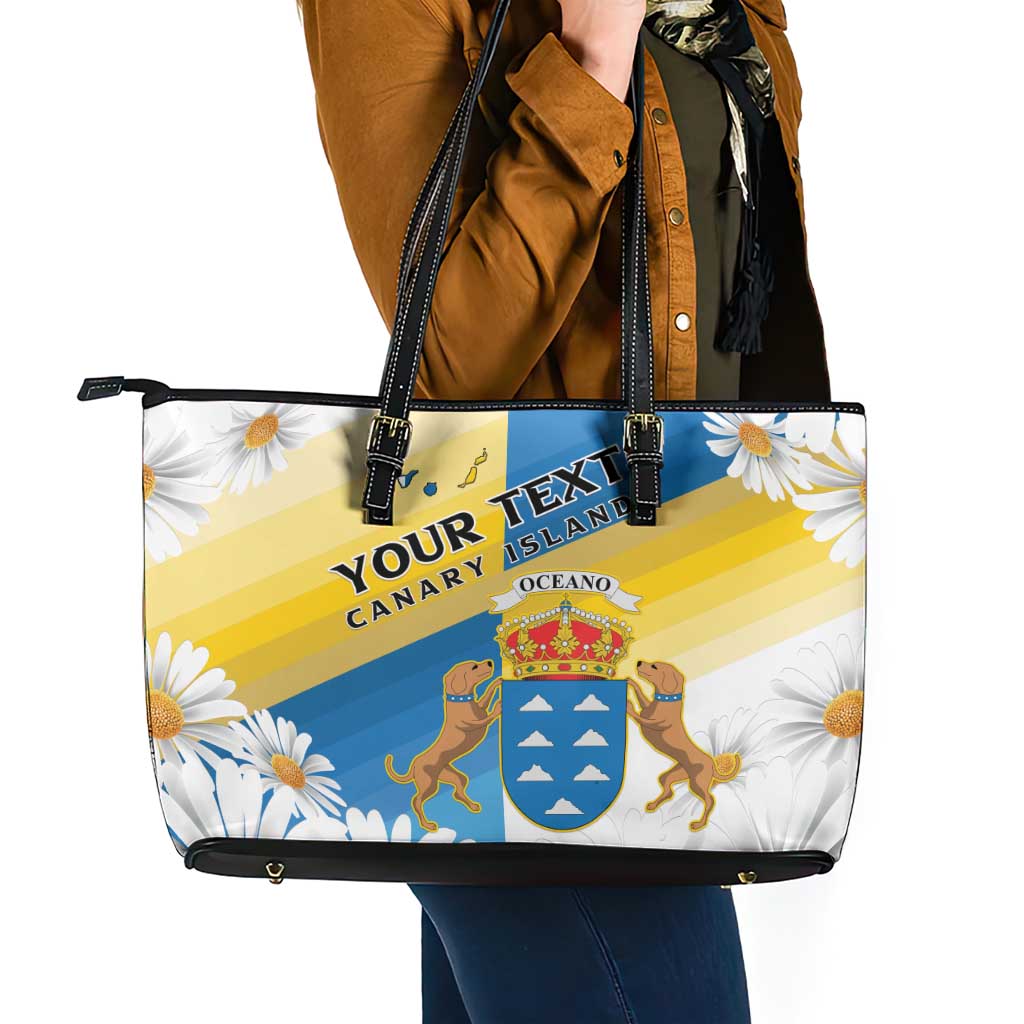 Personalized Islas Canarias Leather Tote Bag Coat Of Arms With Argyranthemum Frutescens