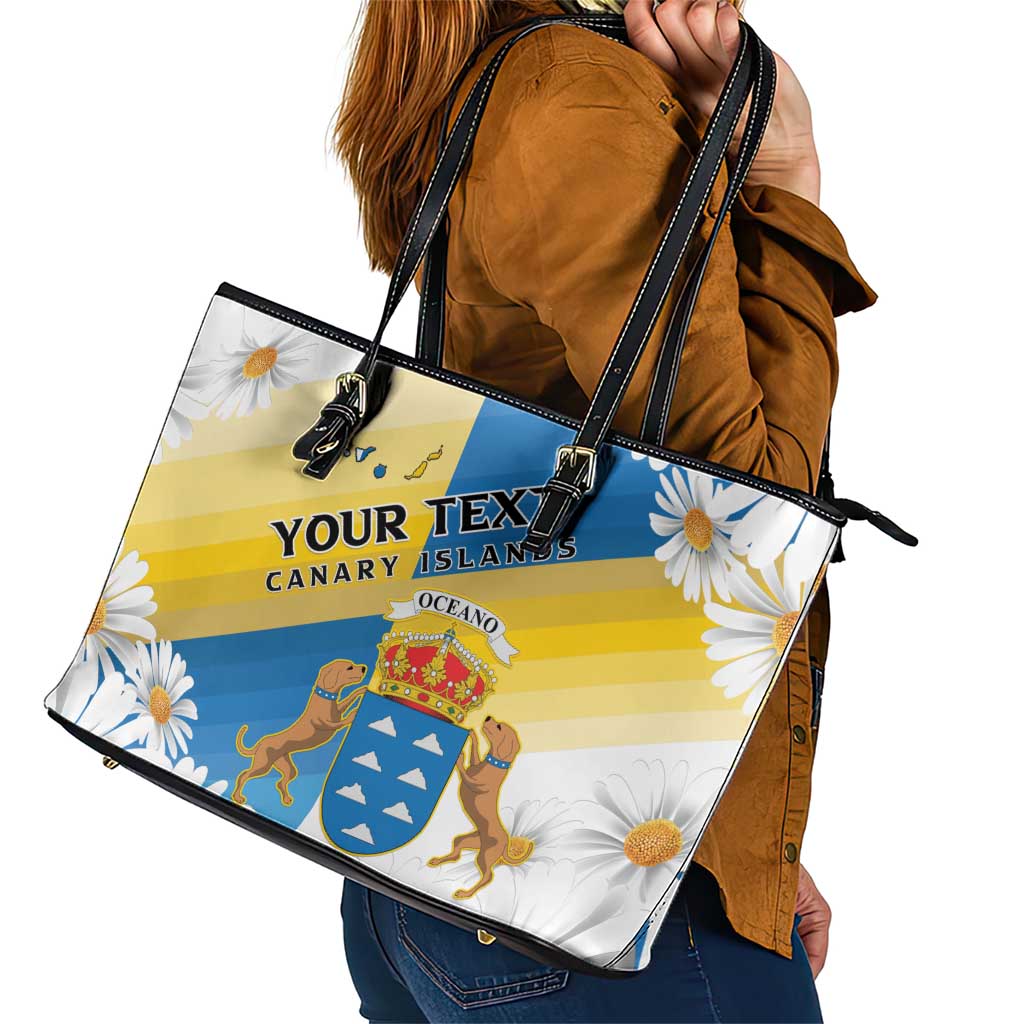 Personalized Islas Canarias Leather Tote Bag Coat Of Arms With Argyranthemum Frutescens