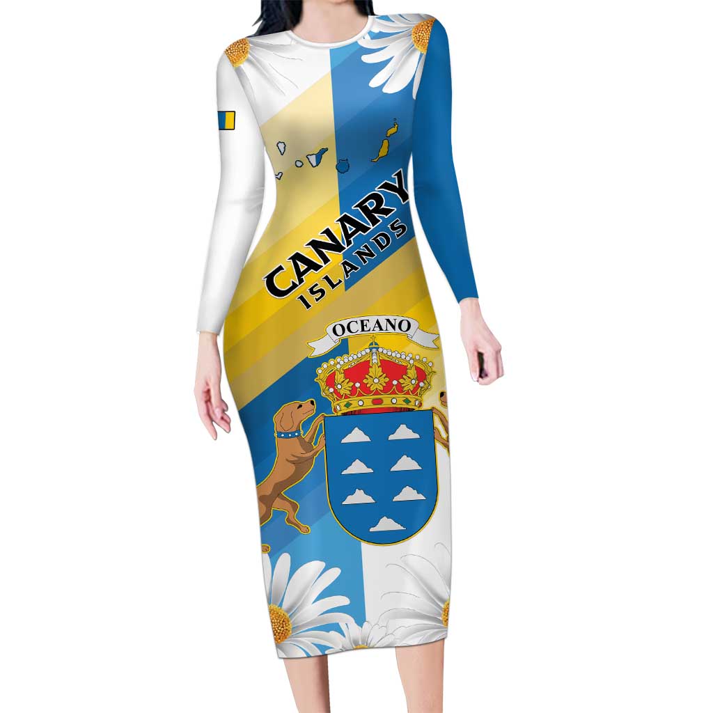 Personalized Islas Canarias Long Sleeve Bodycon Dress Coat Of Arms With Argyranthemum Frutescens