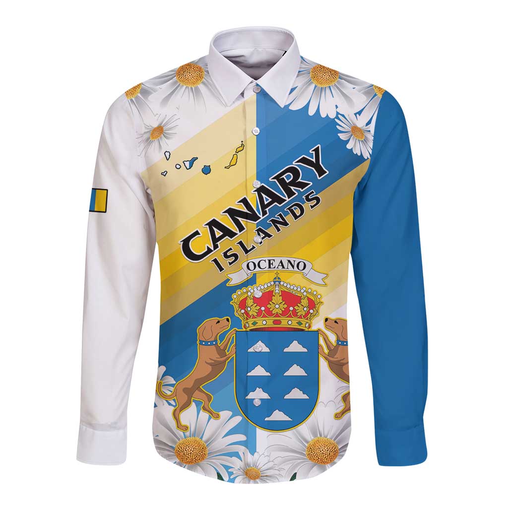 Personalized Islas Canarias Long Sleeve Button Shirt Coat Of Arms With Argyranthemum Frutescens