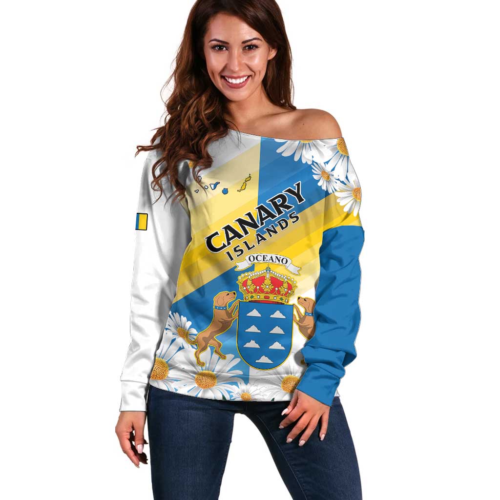Personalized Islas Canarias Off Shoulder Sweater Coat Of Arms With Argyranthemum Frutescens