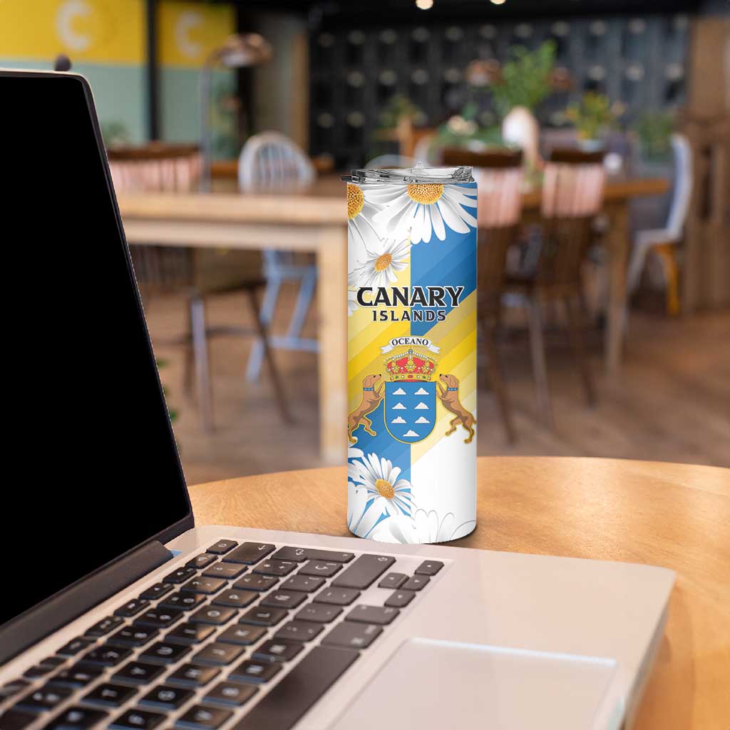 Personalized Islas Canarias Skinny Tumbler Coat Of Arms With Argyranthemum Frutescens