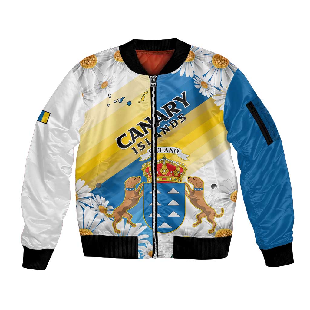 Personalized Islas Canarias Sleeve Zip Bomber Jacket Coat Of Arms With Argyranthemum Frutescens