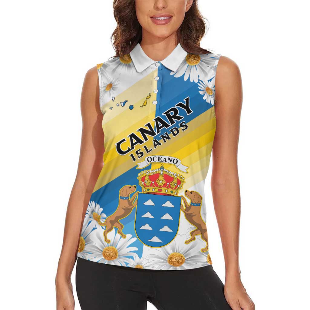 Personalized Islas Canarias Women Sleeveless Polo Shirt Coat Of Arms With Argyranthemum Frutescens
