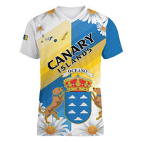 Personalized Islas Canarias Women V-Neck T-Shirt Coat Of Arms With Argyranthemum Frutescens