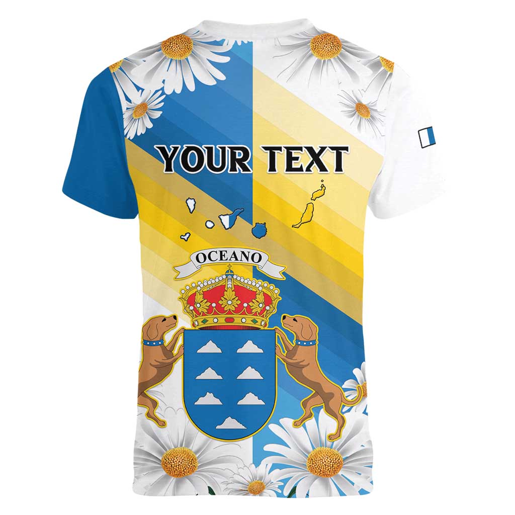 Personalized Islas Canarias Women V-Neck T-Shirt Coat Of Arms With Argyranthemum Frutescens