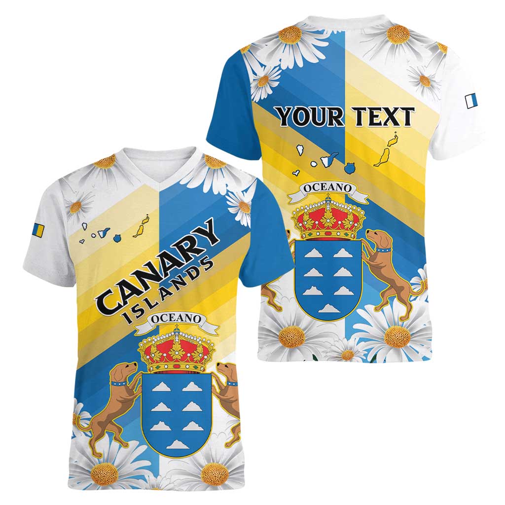 Personalized Islas Canarias Women V-Neck T-Shirt Coat Of Arms With Argyranthemum Frutescens