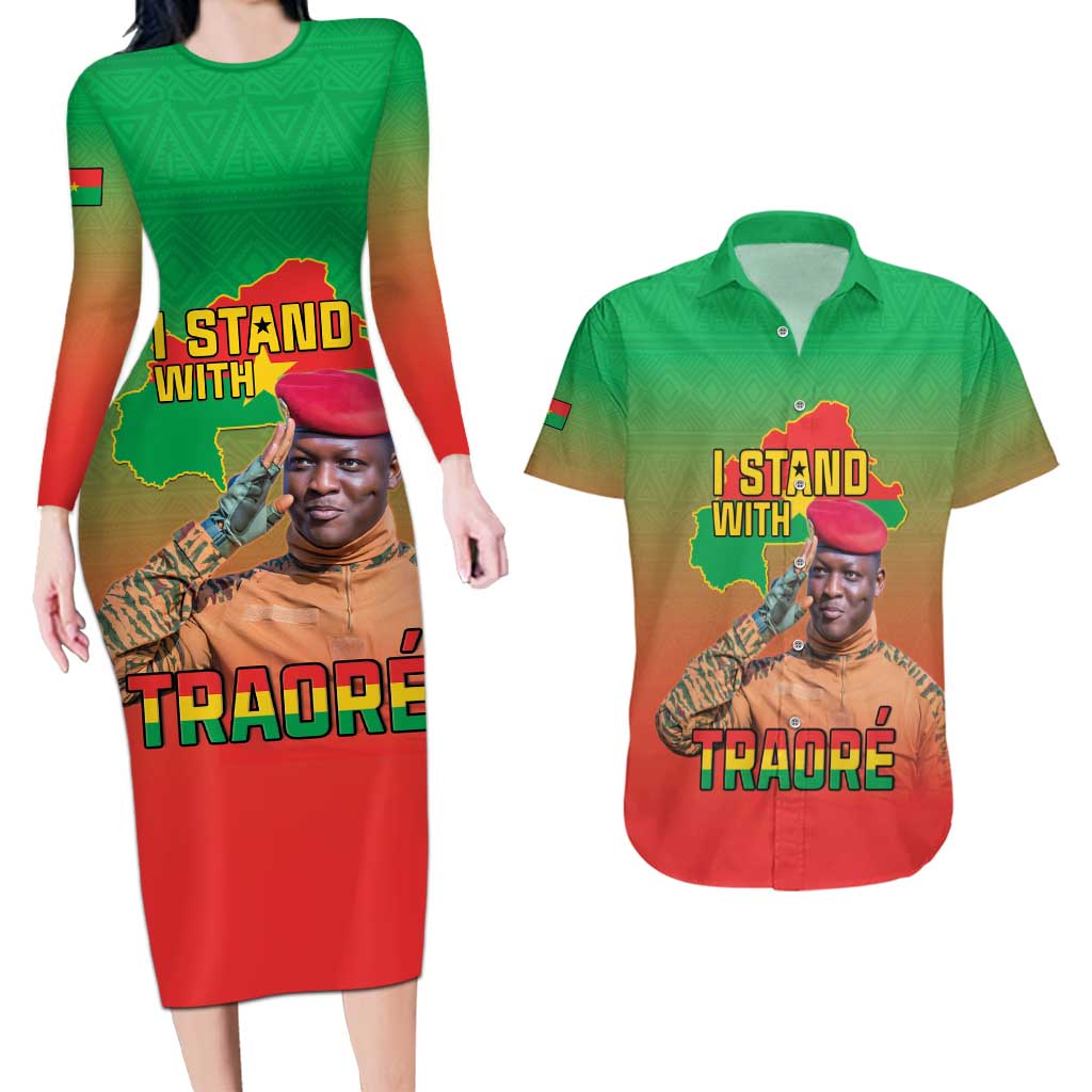 I Stand With Traore Couples Matching Long Sleeve Bodycon Dress and Hawaiian Shirt Burkina Faso Flag Map - African Pattern