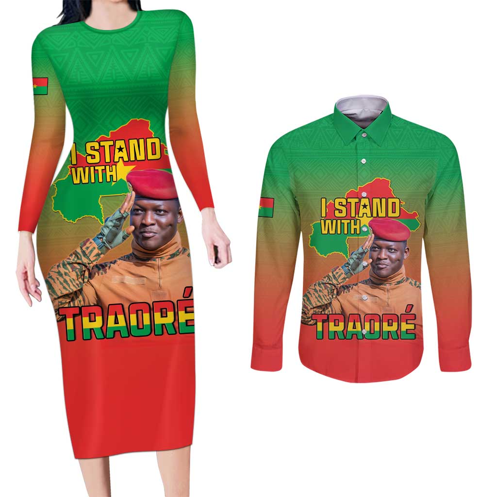 I Stand With Traore Couples Matching Long Sleeve Bodycon Dress and Long Sleeve Button Shirt Burkina Faso Flag Map - African Pattern