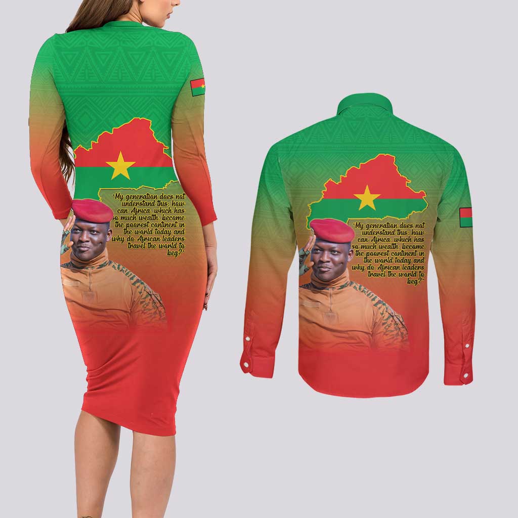 I Stand With Traore Couples Matching Long Sleeve Bodycon Dress and Long Sleeve Button Shirt Burkina Faso Flag Map - African Pattern