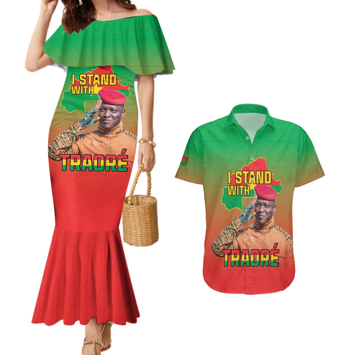 I Stand With Traore Couples Matching Mermaid Dress and Hawaiian Shirt Burkina Faso Flag Map - African Pattern