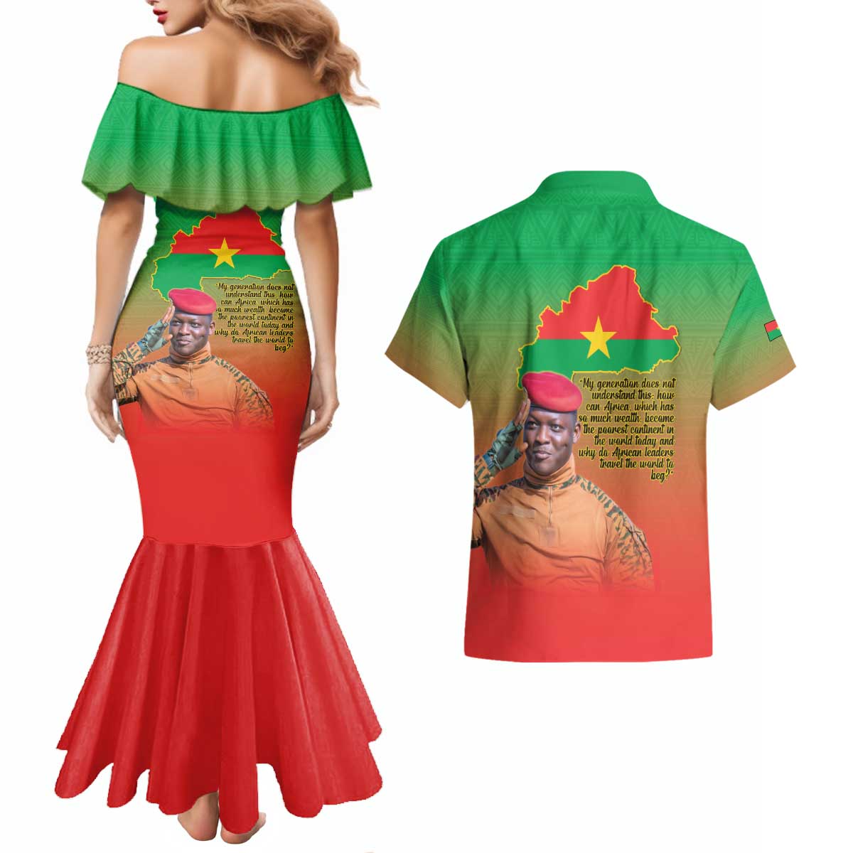 I Stand With Traore Couples Matching Mermaid Dress and Hawaiian Shirt Burkina Faso Flag Map - African Pattern