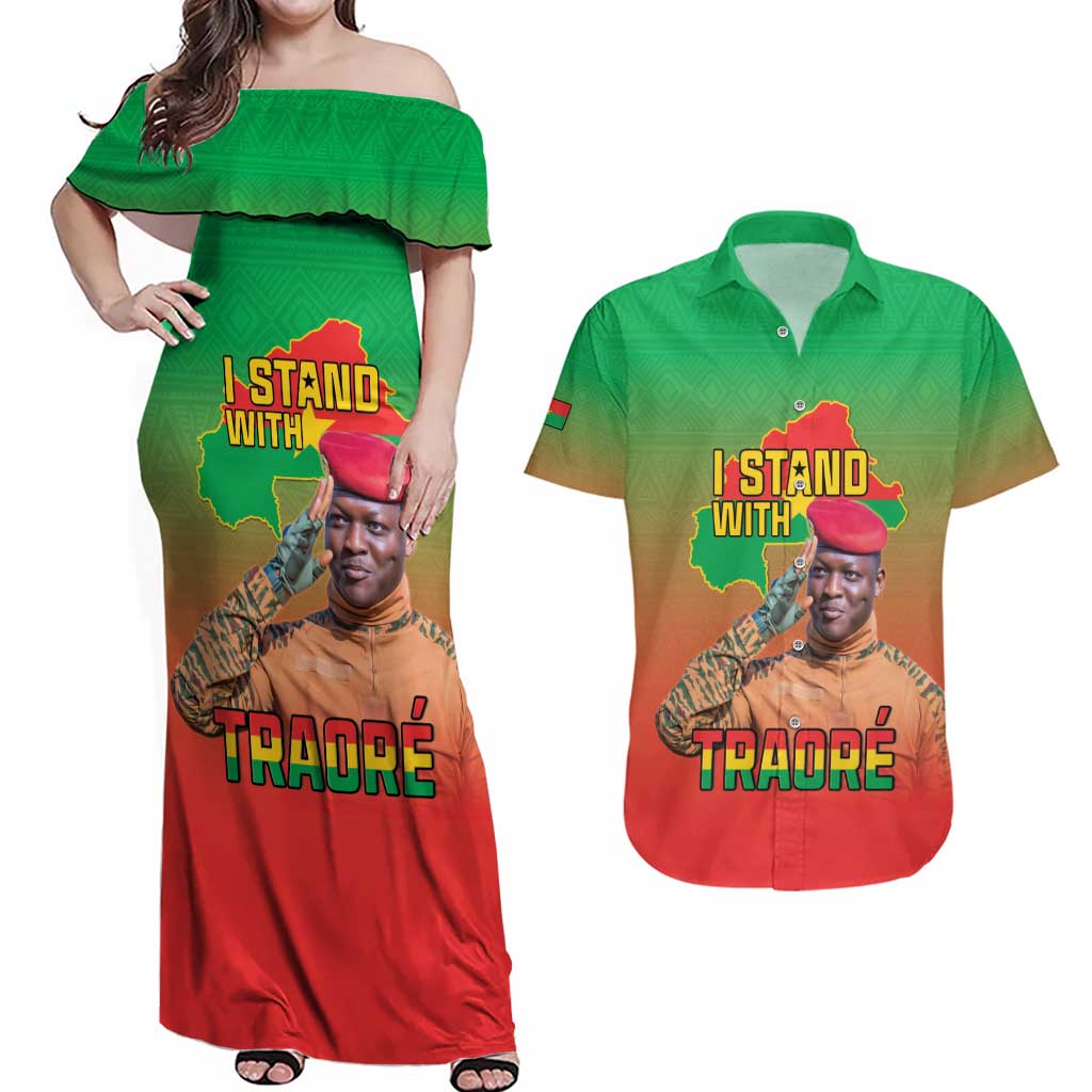 I Stand With Traore Couples Matching Off Shoulder Maxi Dress and Hawaiian Shirt Burkina Faso Flag Map - African Pattern
