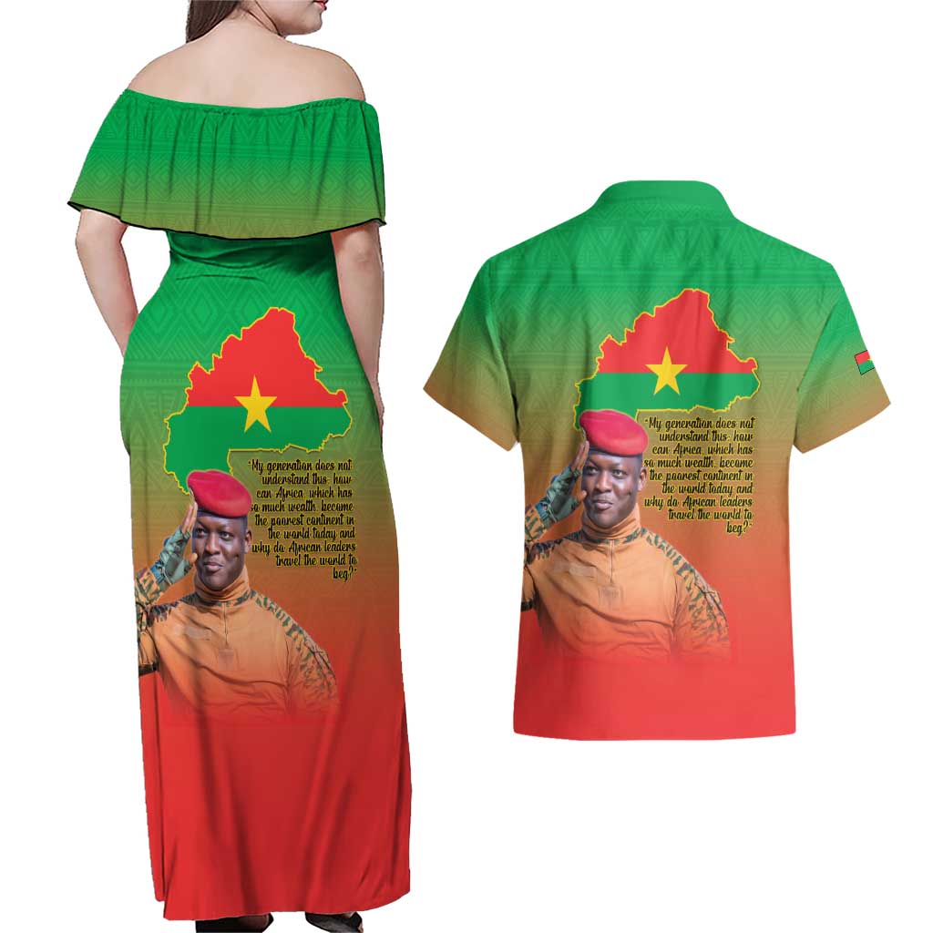 I Stand With Traore Couples Matching Off Shoulder Maxi Dress and Hawaiian Shirt Burkina Faso Flag Map - African Pattern