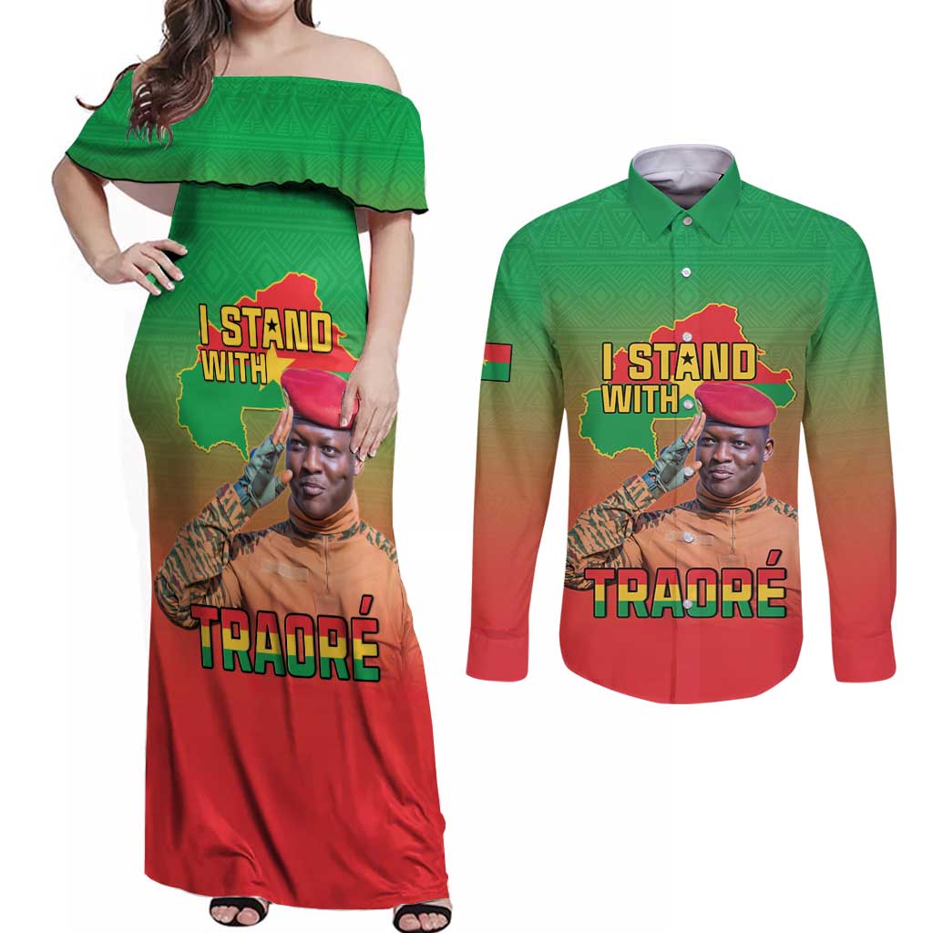I Stand With Traore Couples Matching Off Shoulder Maxi Dress and Long Sleeve Button Shirt Burkina Faso Flag Map - African Pattern