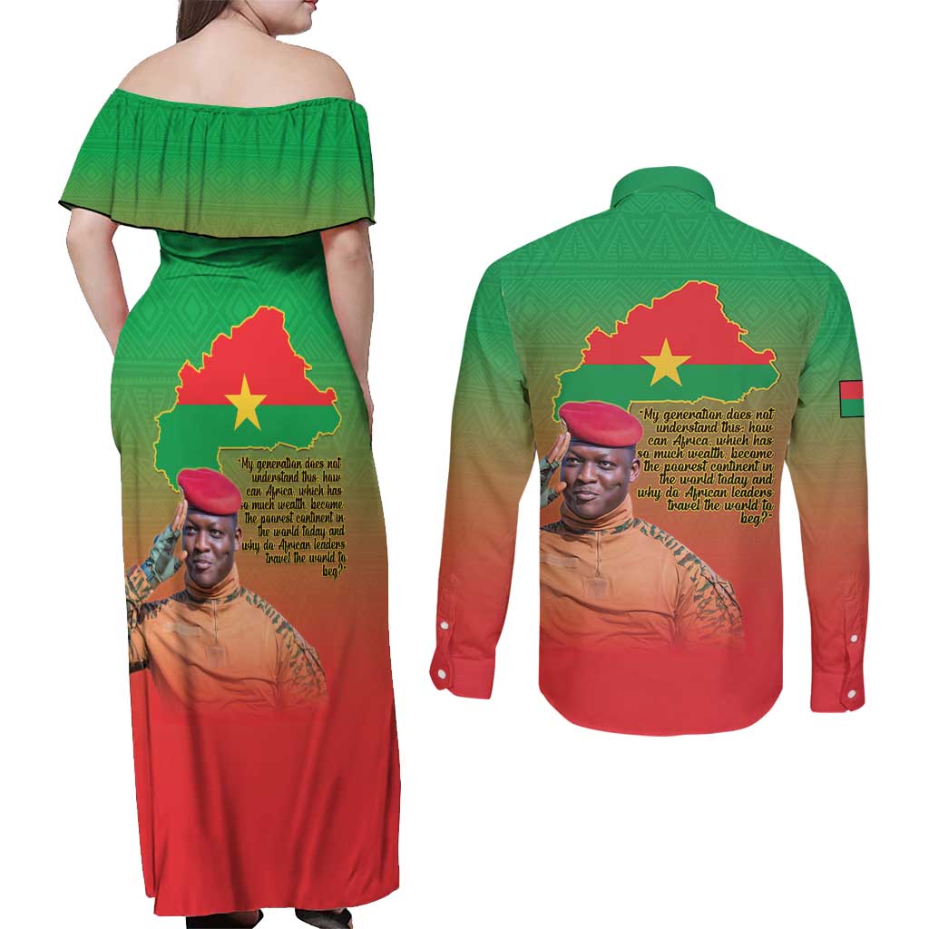 I Stand With Traore Couples Matching Off Shoulder Maxi Dress and Long Sleeve Button Shirt Burkina Faso Flag Map - African Pattern