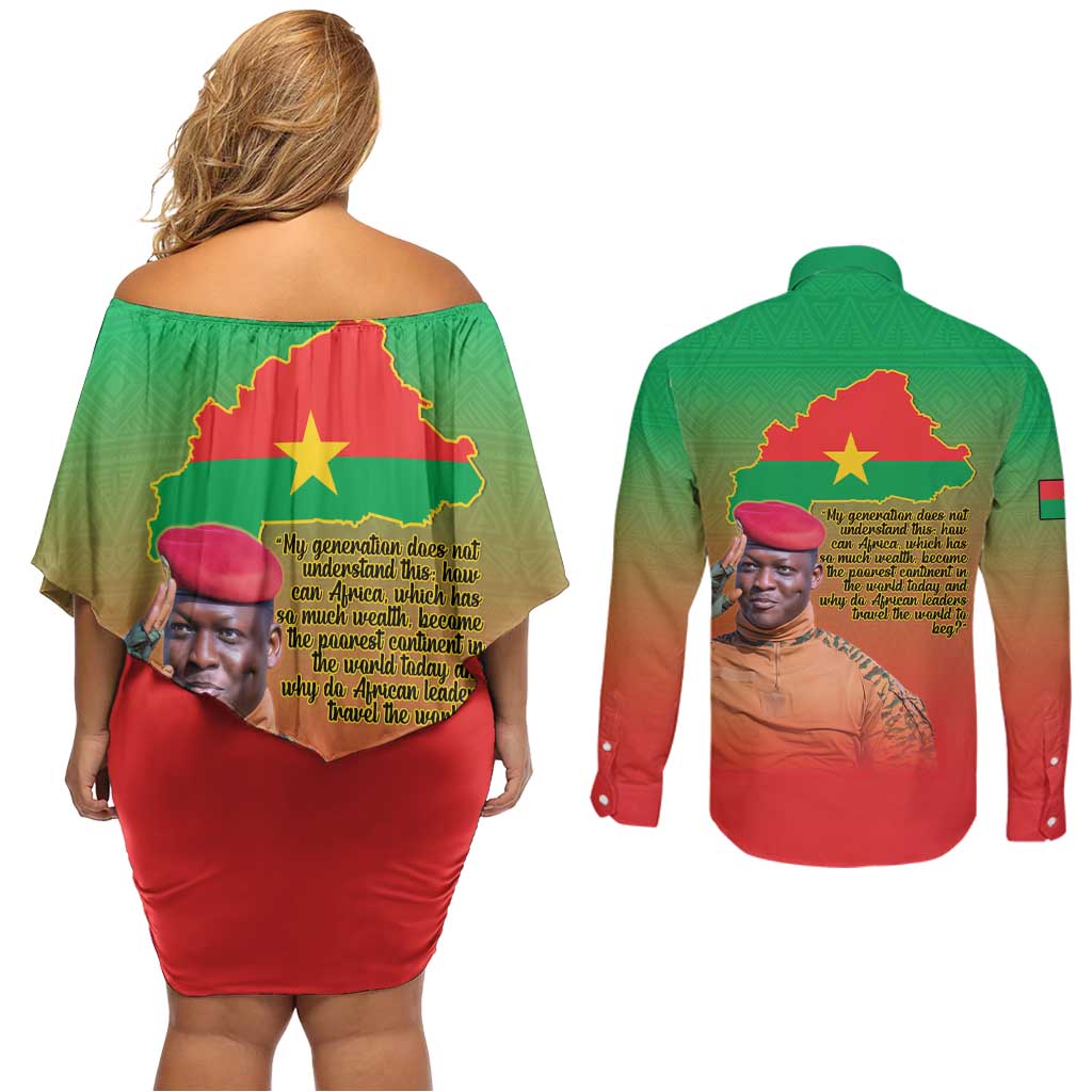 I Stand With Traore Couples Matching Off Shoulder Short Dress and Long Sleeve Button Shirt Burkina Faso Flag Map - African Pattern