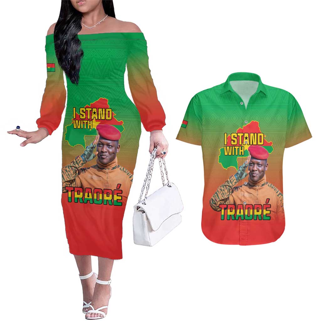 I Stand With Traore Couples Matching Off The Shoulder Long Sleeve Dress and Hawaiian Shirt Burkina Faso Flag Map - African Pattern