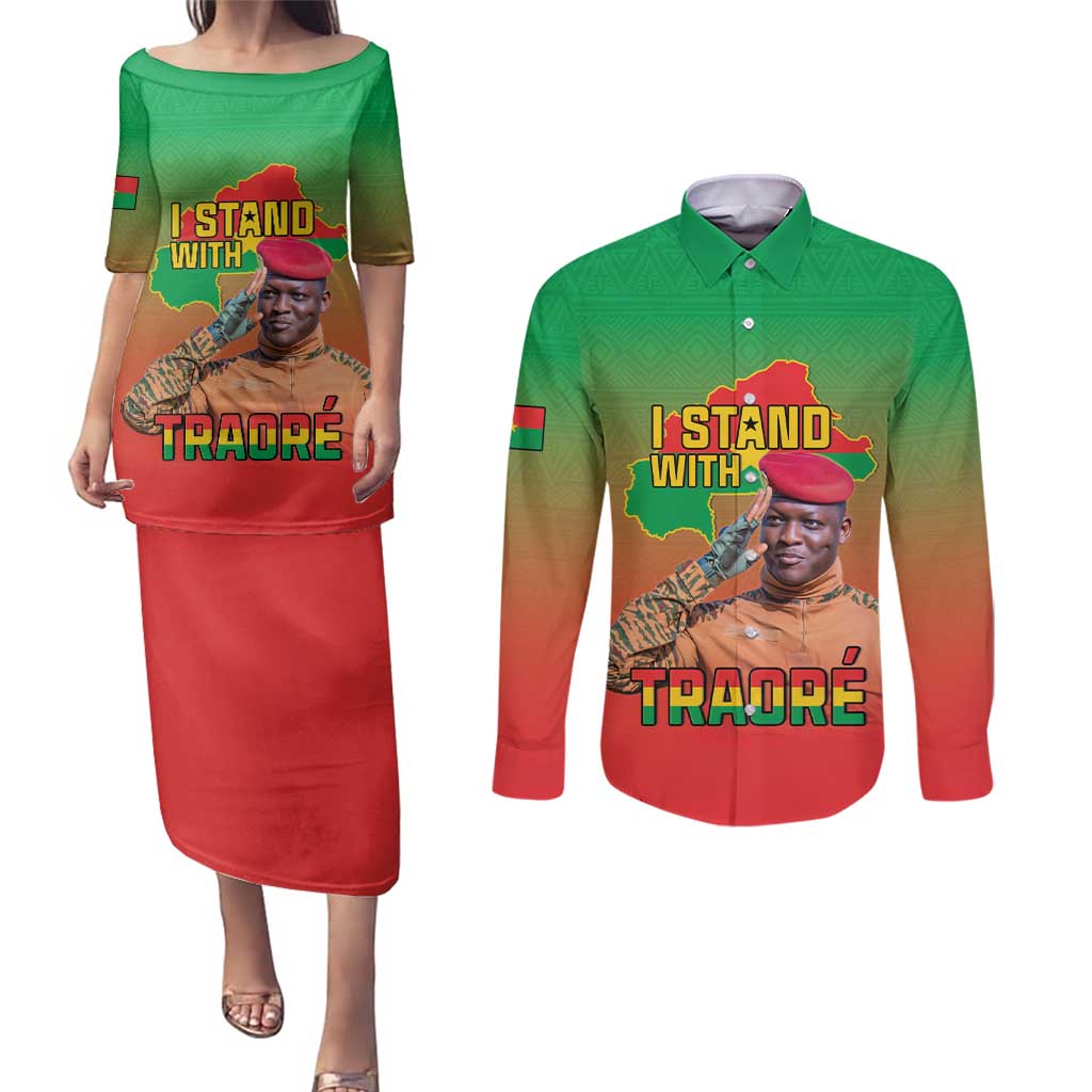 I Stand With Traore Couples Matching Puletasi and Long Sleeve Button Shirt Burkina Faso Flag Map - African Pattern