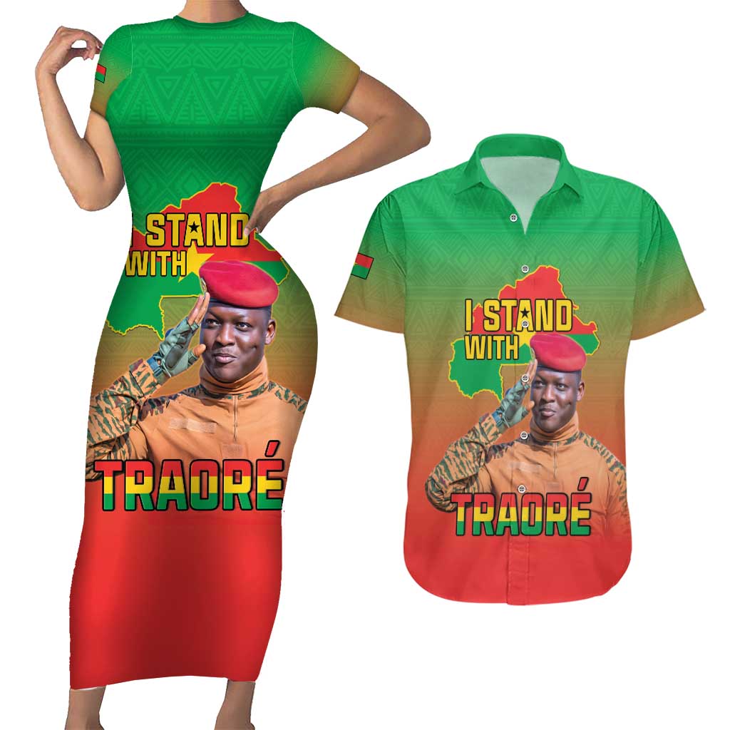 I Stand With Traore Couples Matching Short Sleeve Bodycon Dress and Hawaiian Shirt Burkina Faso Flag Map - African Pattern