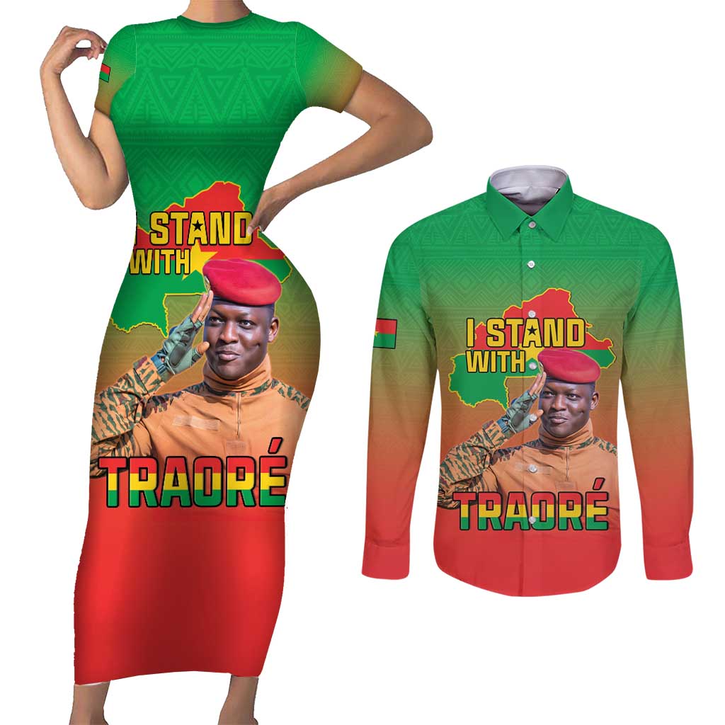 I Stand With Traore Couples Matching Short Sleeve Bodycon Dress and Long Sleeve Button Shirt Burkina Faso Flag Map - African Pattern
