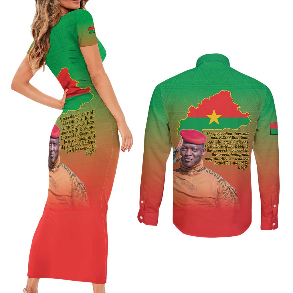 I Stand With Traore Couples Matching Short Sleeve Bodycon Dress and Long Sleeve Button Shirt Burkina Faso Flag Map - African Pattern