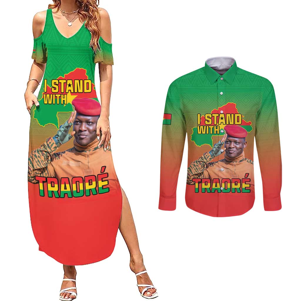 I Stand With Traore Couples Matching Summer Maxi Dress and Long Sleeve Button Shirt Burkina Faso Flag Map - African Pattern
