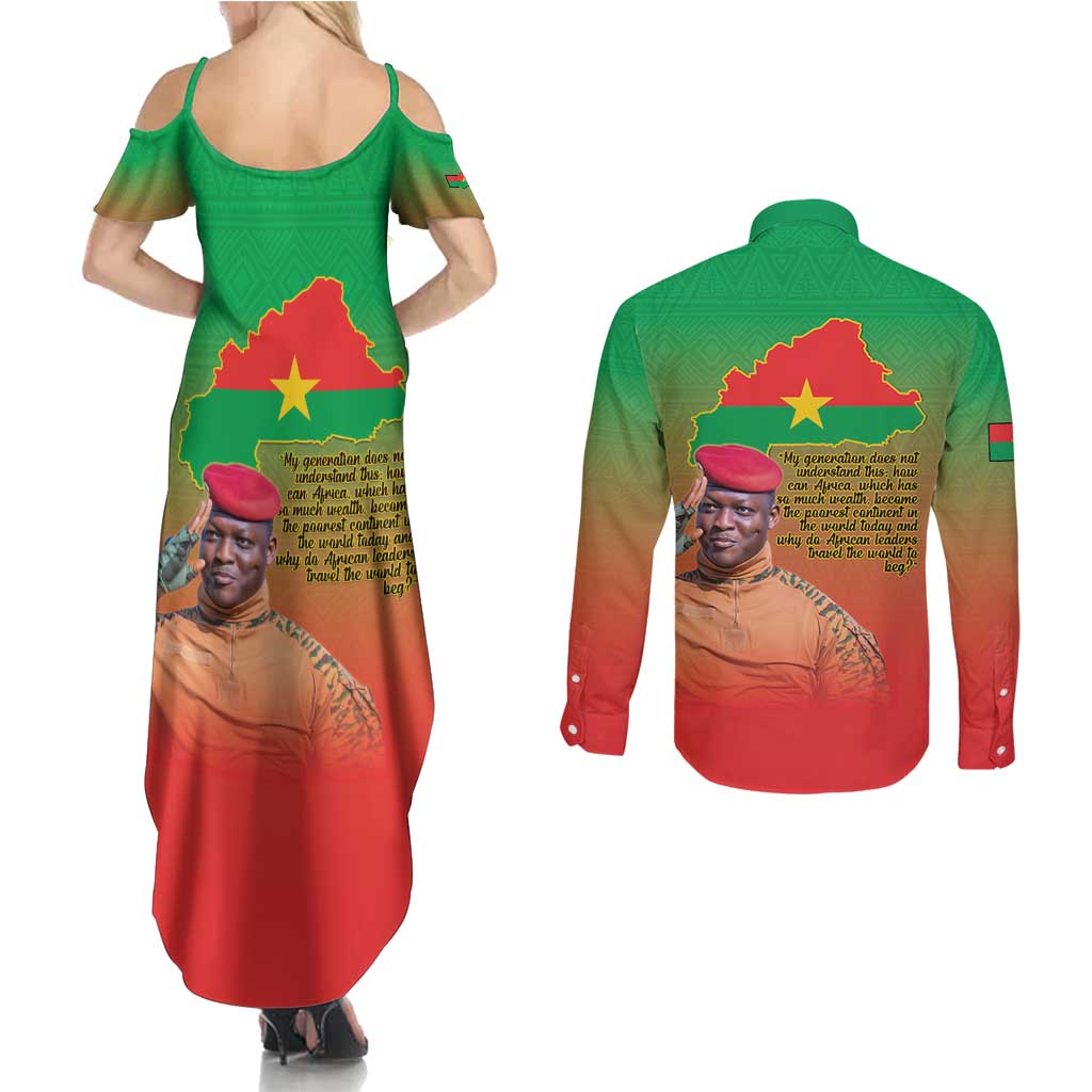 I Stand With Traore Couples Matching Summer Maxi Dress and Long Sleeve Button Shirt Burkina Faso Flag Map - African Pattern