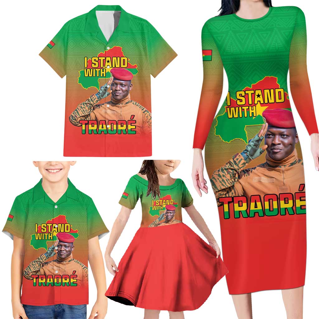 I Stand With Traore Family Matching Long Sleeve Bodycon Dress and Hawaiian Shirt Burkina Faso Flag Map - African Pattern