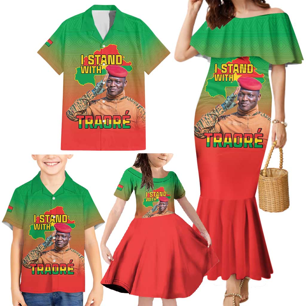 I Stand With Traore Family Matching Mermaid Dress and Hawaiian Shirt Burkina Faso Flag Map - African Pattern
