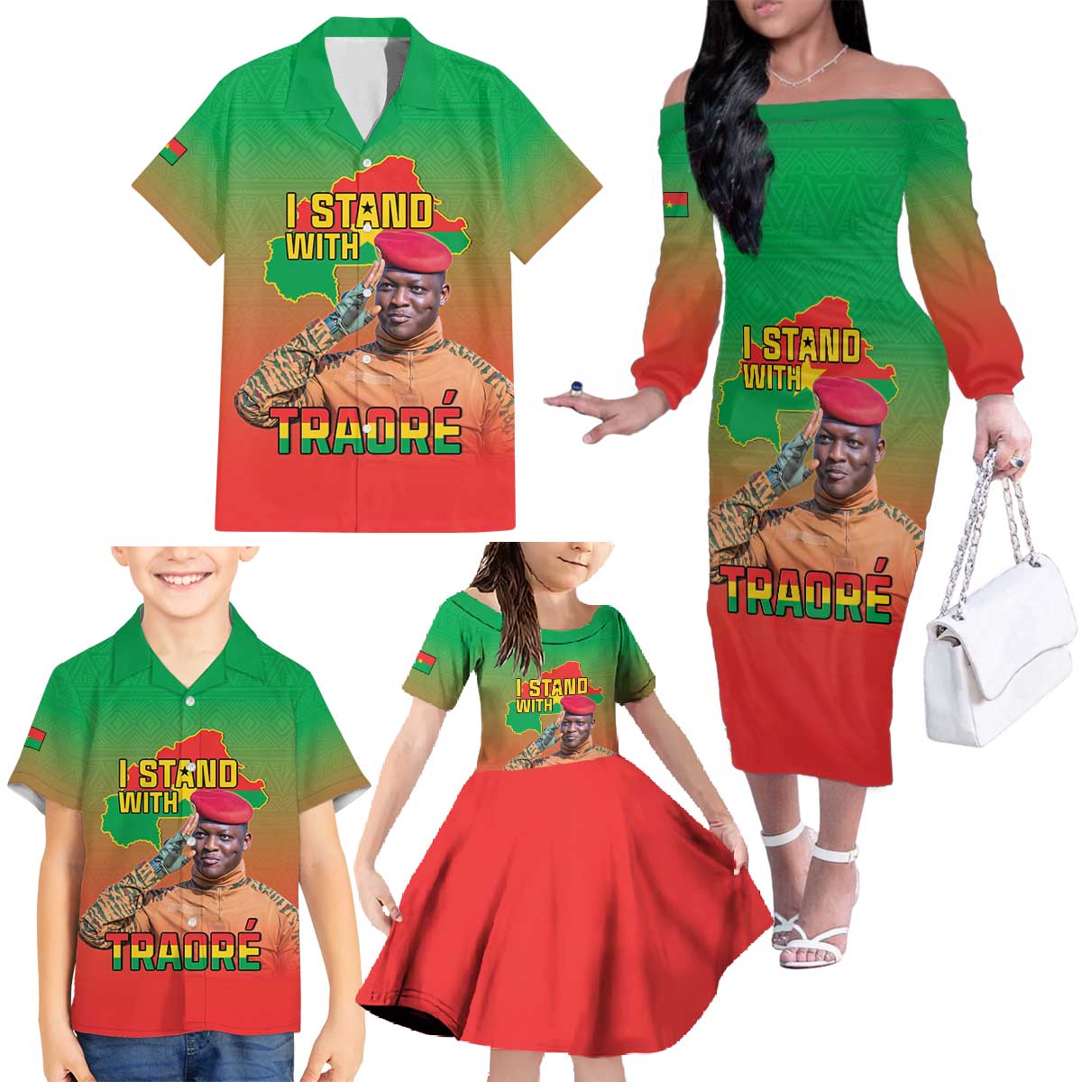 I Stand With Traore Family Matching Off The Shoulder Long Sleeve Dress and Hawaiian Shirt Burkina Faso Flag Map - African Pattern