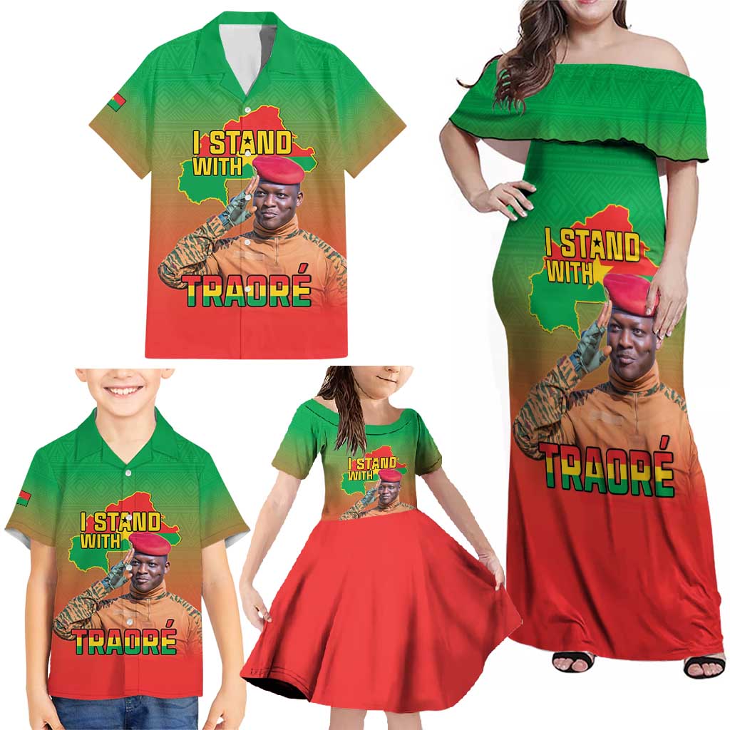 I Stand With Traore Family Matching Off Shoulder Maxi Dress and Hawaiian Shirt Burkina Faso Flag Map - African Pattern