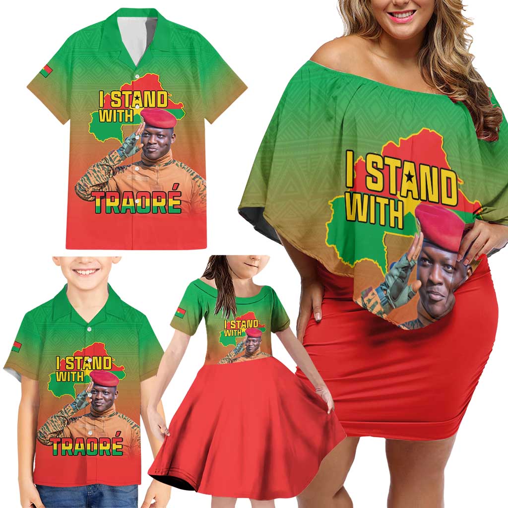 I Stand With Traore Family Matching Off Shoulder Short Dress and Hawaiian Shirt Burkina Faso Flag Map - African Pattern